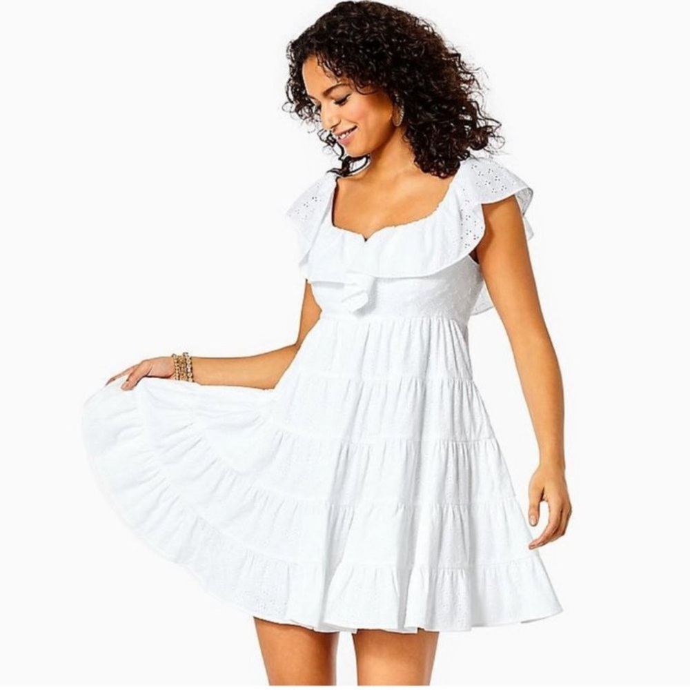 {Lilly Pulitzer} Emie White Eyelet Babydoll Dress, Size 12 - Picture 10 of 10